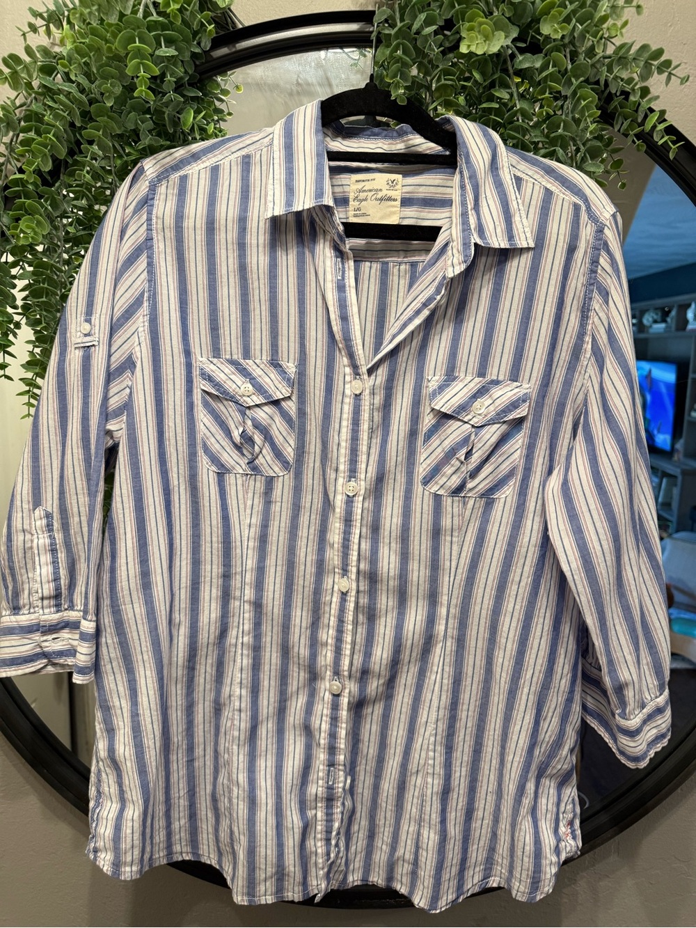 American Eagle Outfitters Blue & White Striped Button-Down Shirt